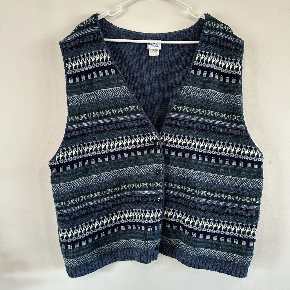 VTG Bedford Fair Women's Fair Isle Knit Sweater Vest Blue Stripe 2X 90's Acrylic